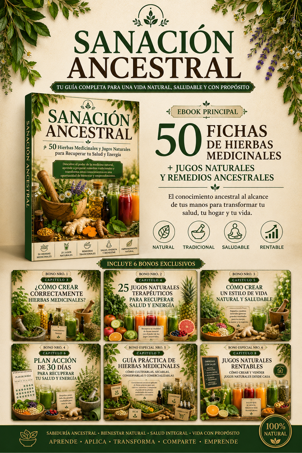 SANACION ANCESTRAL: biblioteca secreta de hierbas medicinales, jugos naturales, ideas y guía para emprendimiento natural